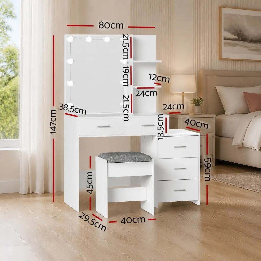 Dressing Table Set for Bedroom with LED Makeup Mirror and Stool White