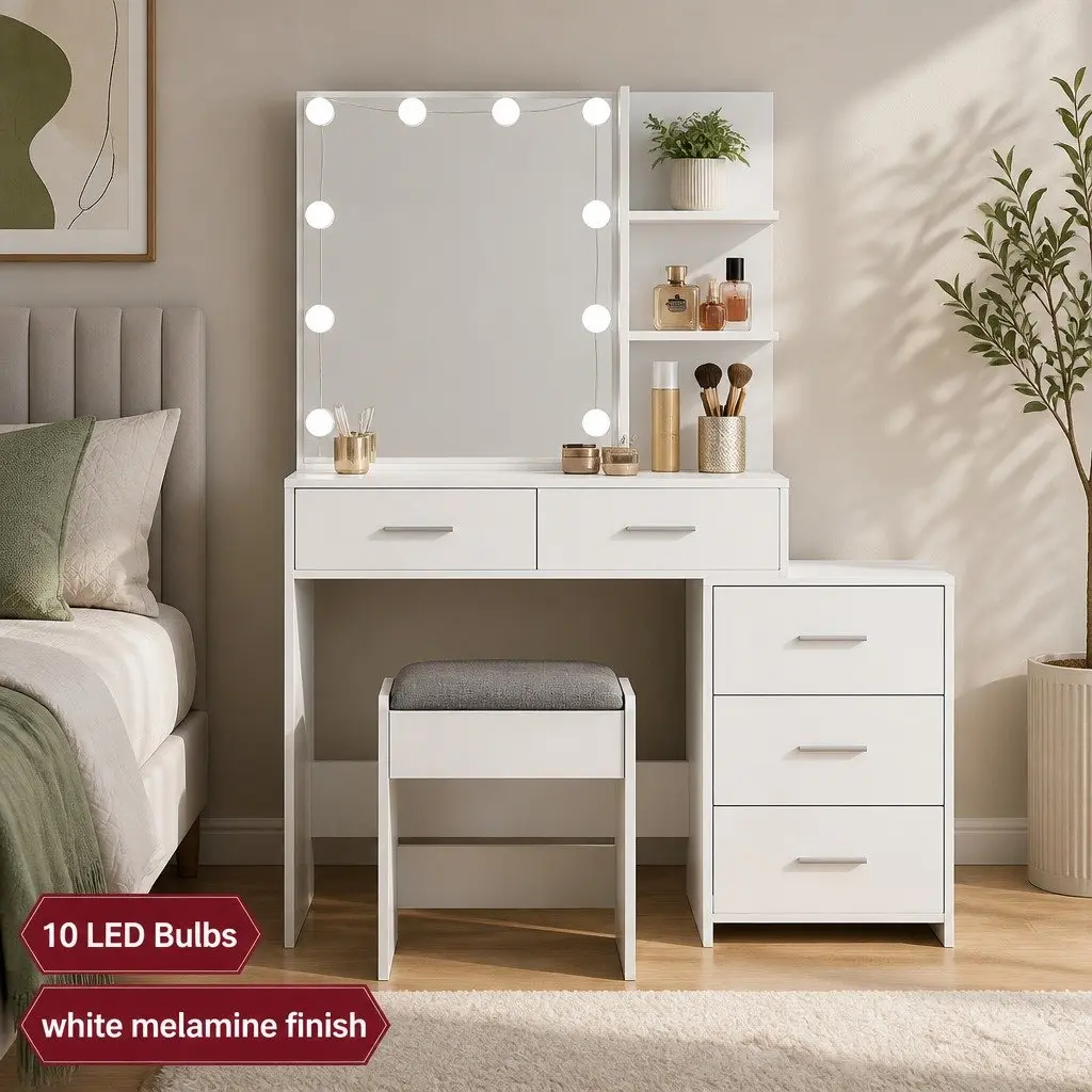 Dressing Table Set for Bedroom with LED Makeup Mirror and Stool White
