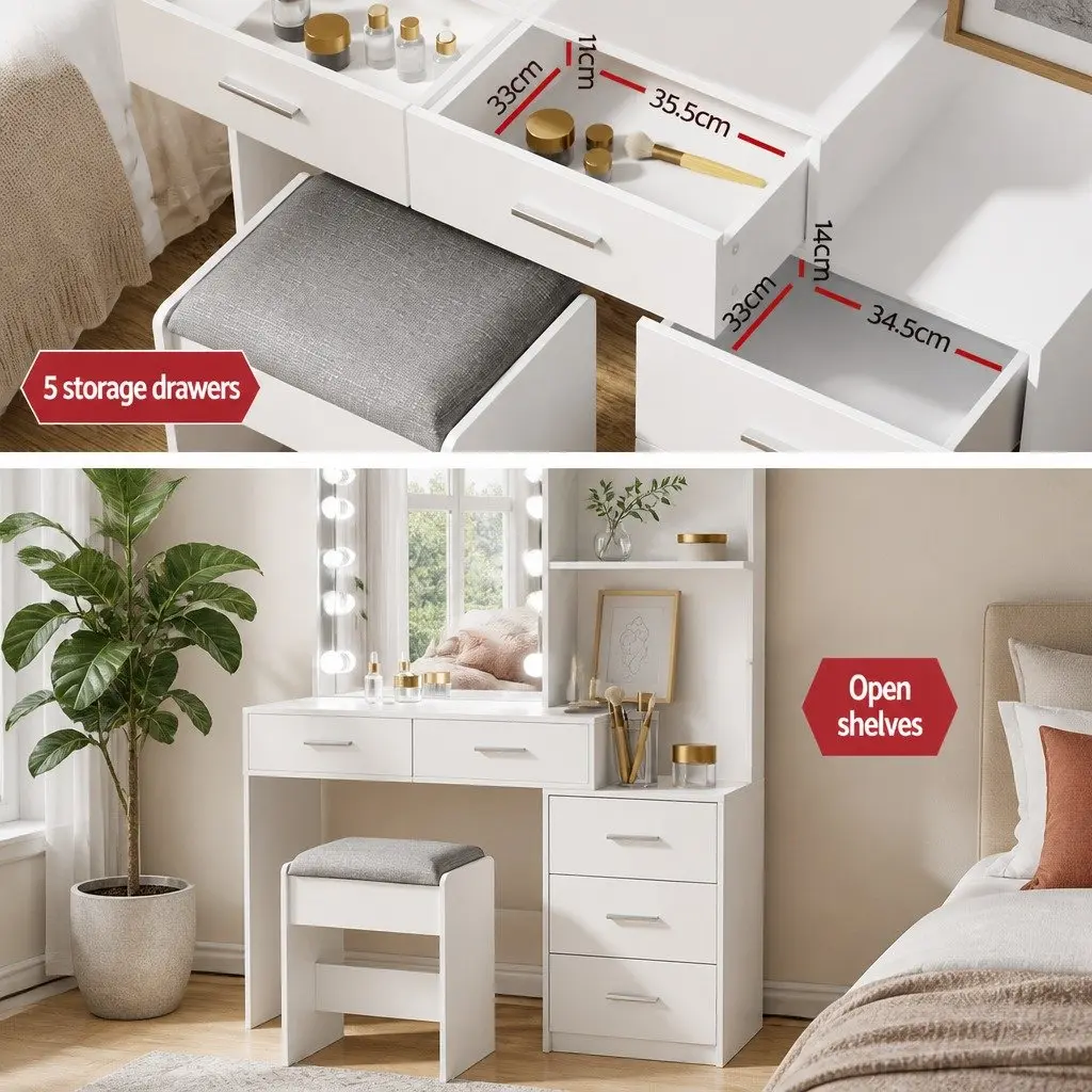 Dressing Table Set for Bedroom with LED Makeup Mirror and Stool White