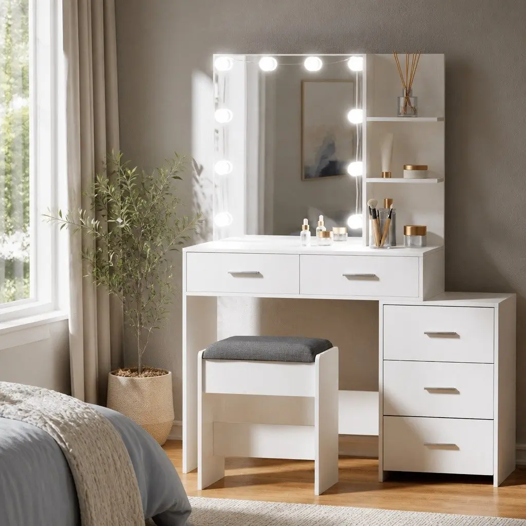 Dressing Table Set for Bedroom with LED Makeup Mirror and Stool White