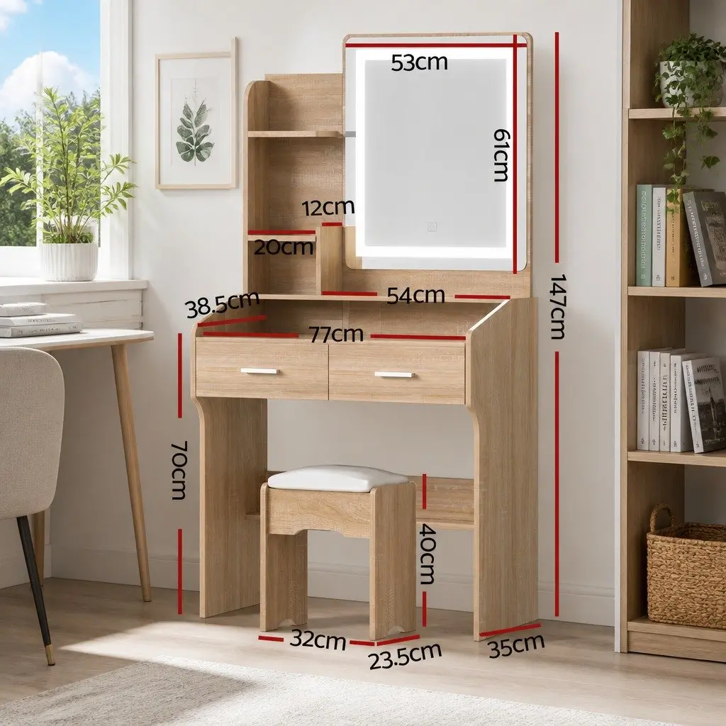 Dressing Table Set for Bedroom with LED Mirror and Stool Black Wood