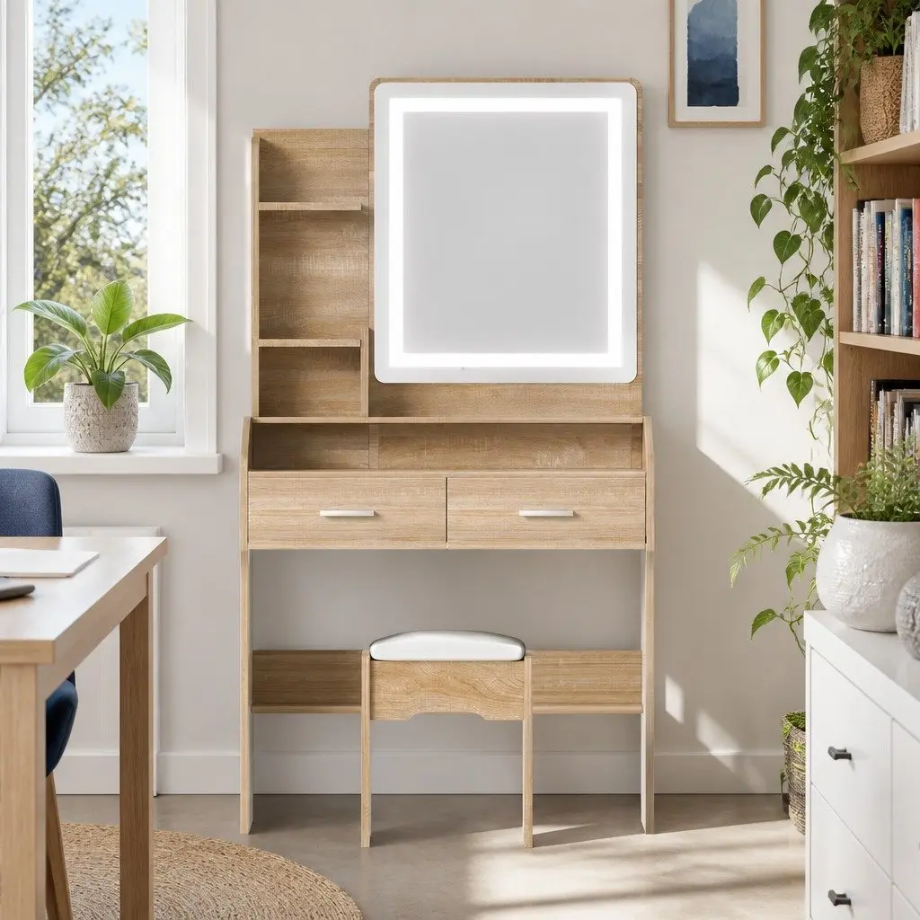 Dressing Table Set for Bedroom with LED Mirror and Stool Black Wood