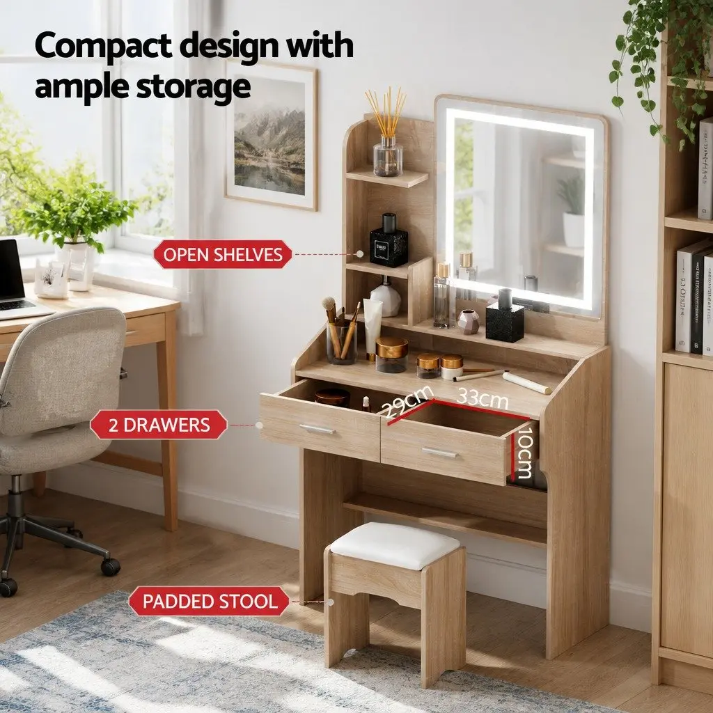 Dressing Table Set for Bedroom with LED Mirror and Stool Black Wood