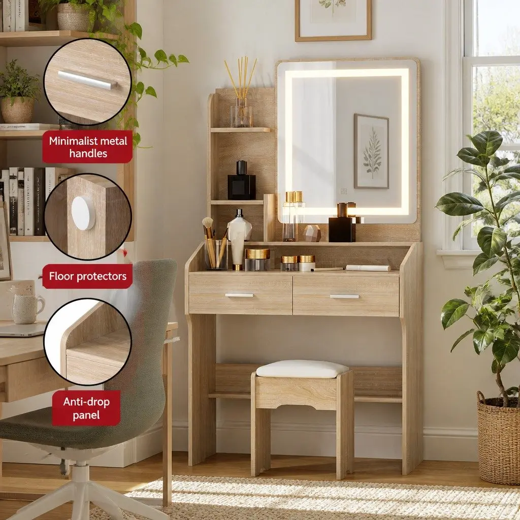 Dressing Table Set for Bedroom with LED Mirror and Stool Black Wood