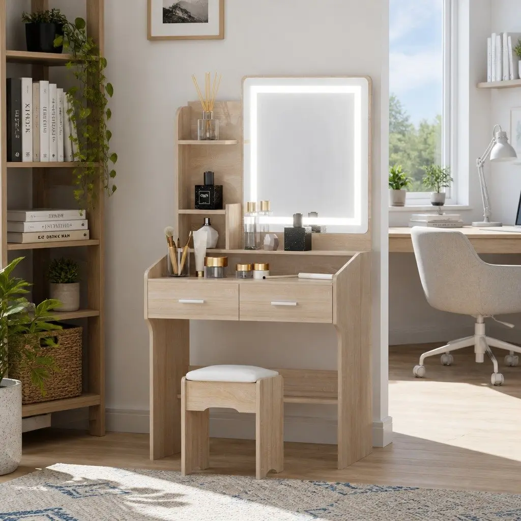 Dressing Table Set for Bedroom with LED Mirror and Stool Black Wood