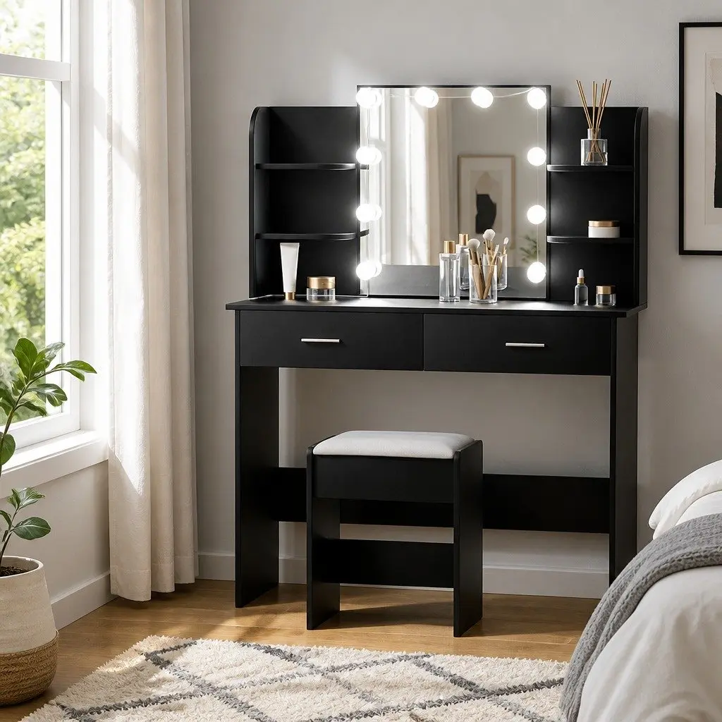 Dressing Table Set Bedroom Makeup Vanity with Stool LED Bulbs Hollywood Mirror Black