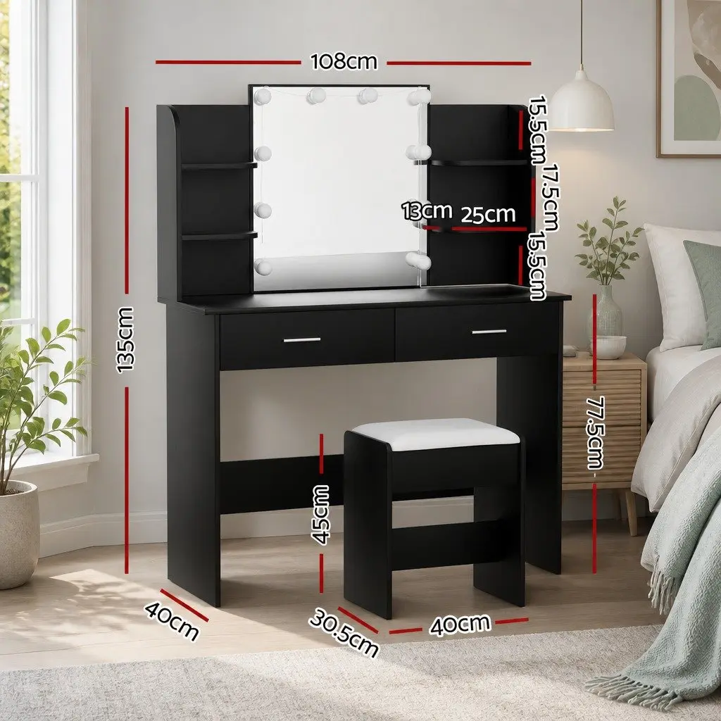 Dressing Table Set Bedroom Makeup Vanity with Stool LED Bulbs Hollywood Mirror Black