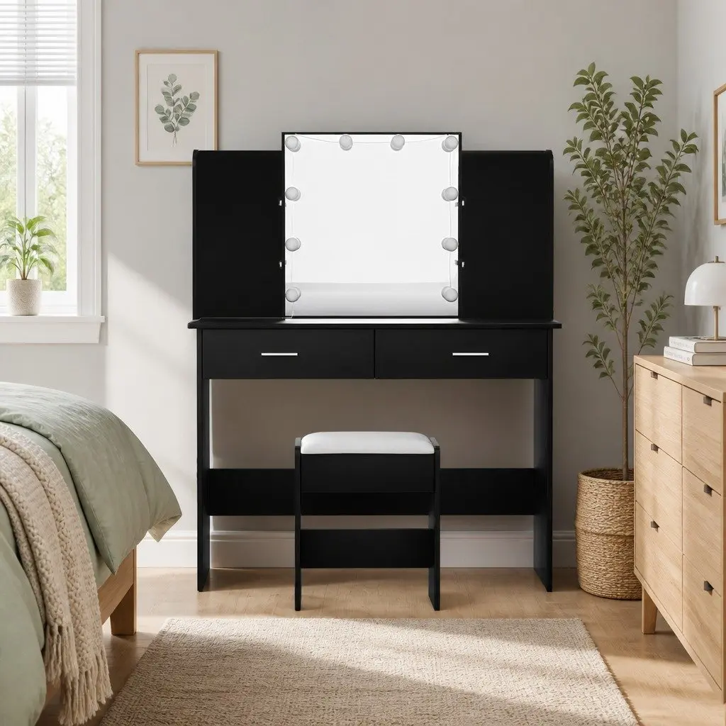 Dressing Table Set Bedroom Makeup Vanity with Stool LED Bulbs Hollywood Mirror Black