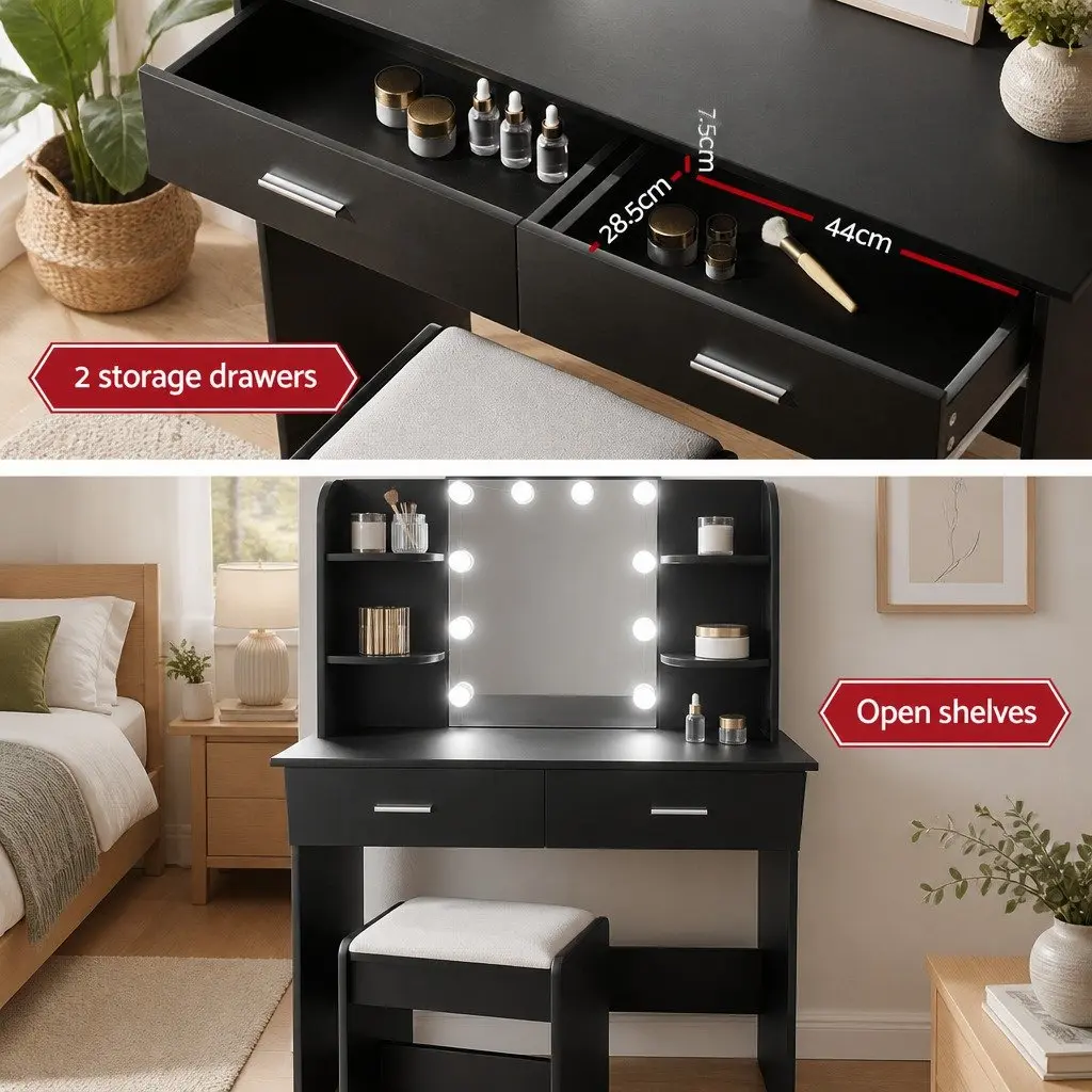 Dressing Table Set Bedroom Makeup Vanity with Stool LED Bulbs Hollywood Mirror Black