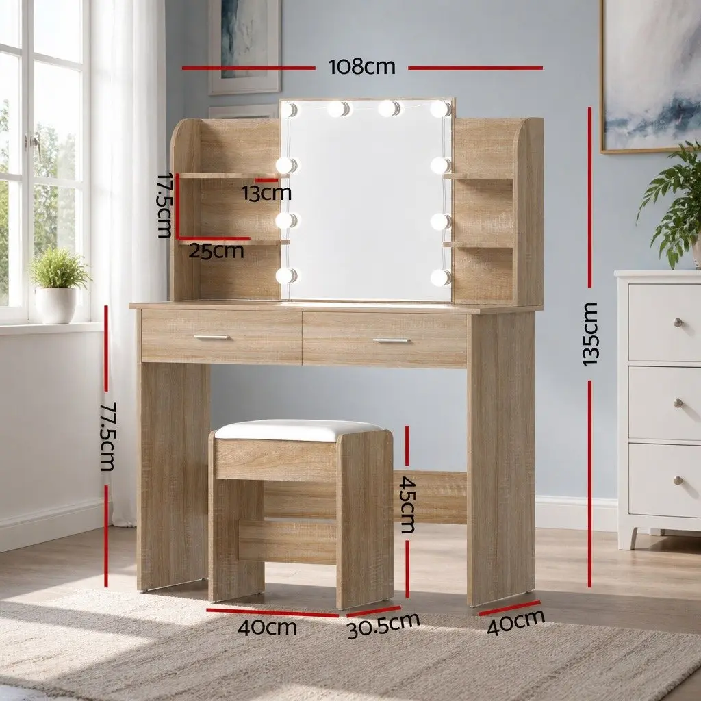 Dressing Table Set for Bedroom with Stool and LED Bulbs Natural Wood