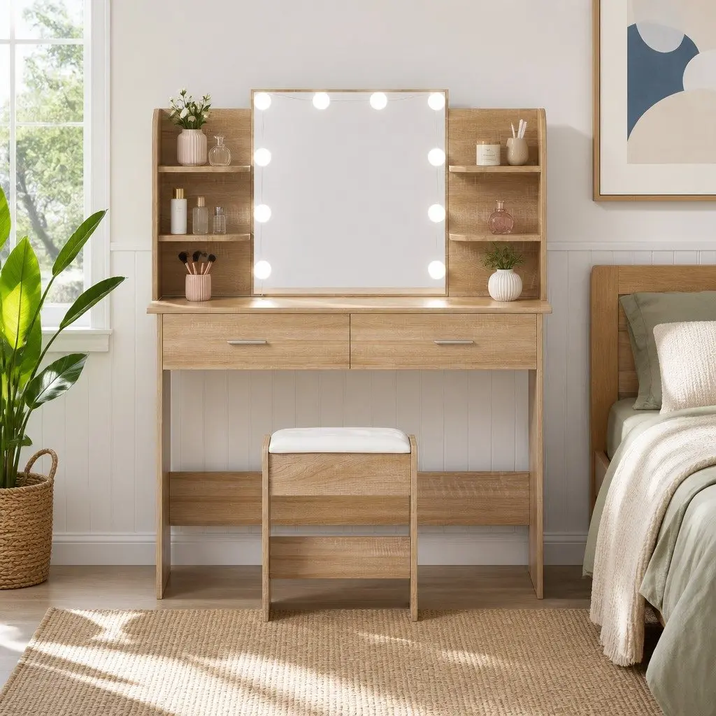 Dressing Table Set for Bedroom with Stool and LED Bulbs Natural Wood