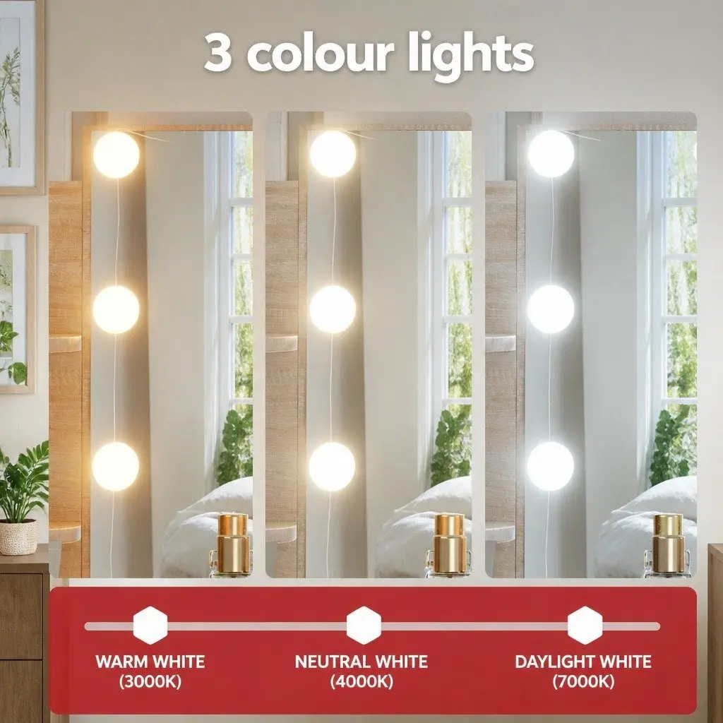 Dressing Table Set for Bedroom with Stool and LED Bulbs Natural Wood