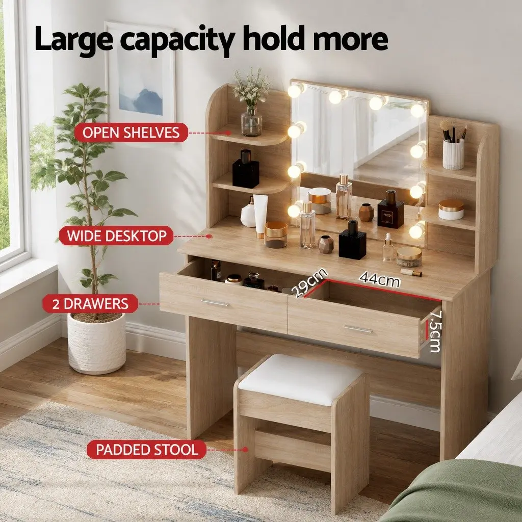 Dressing Table Set for Bedroom with Stool and LED Bulbs Natural Wood