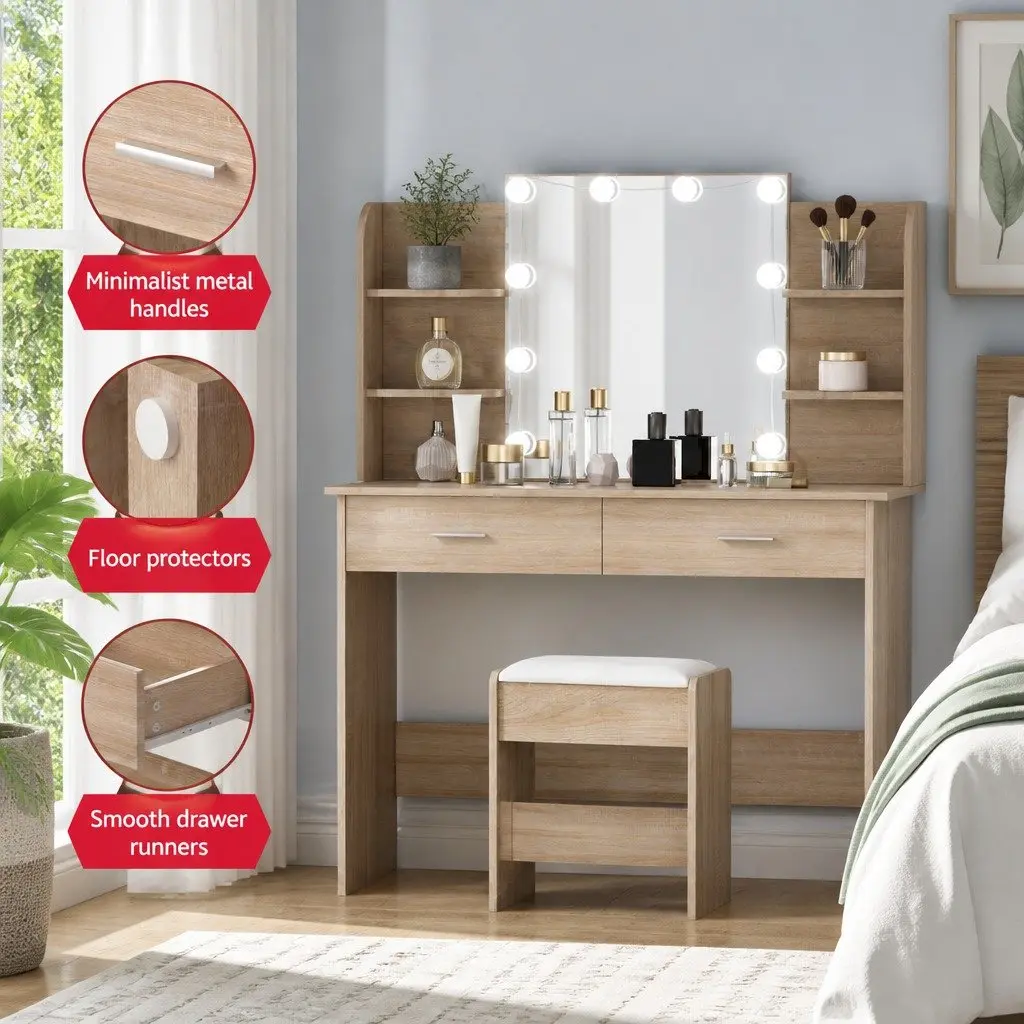 Dressing Table Set for Bedroom with Stool and LED Bulbs Natural Wood