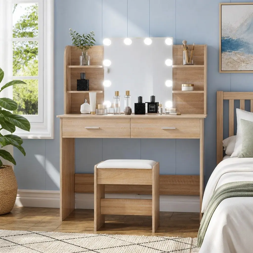 Dressing Table Set for Bedroom with Stool and LED Bulbs Natural Wood