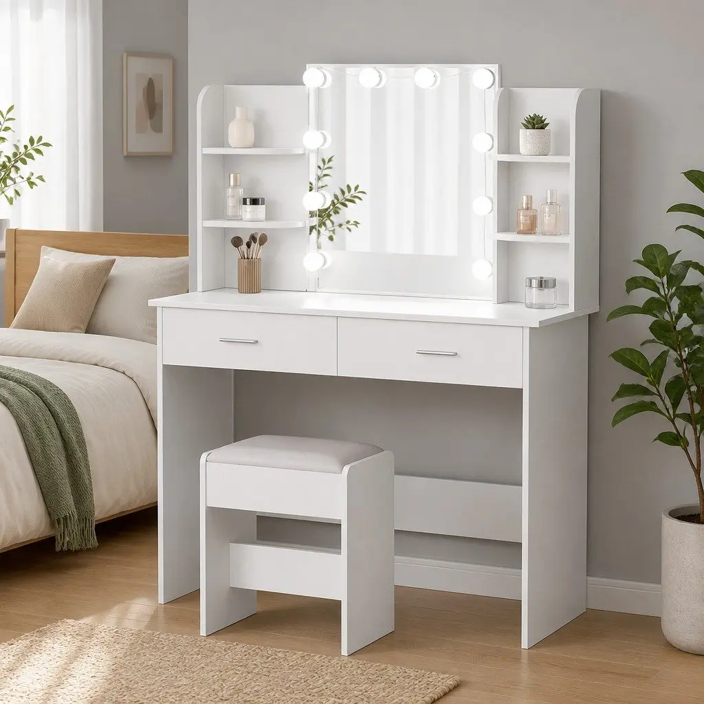 LED Makeup Mirror Dressing Table with Stool and Storage
