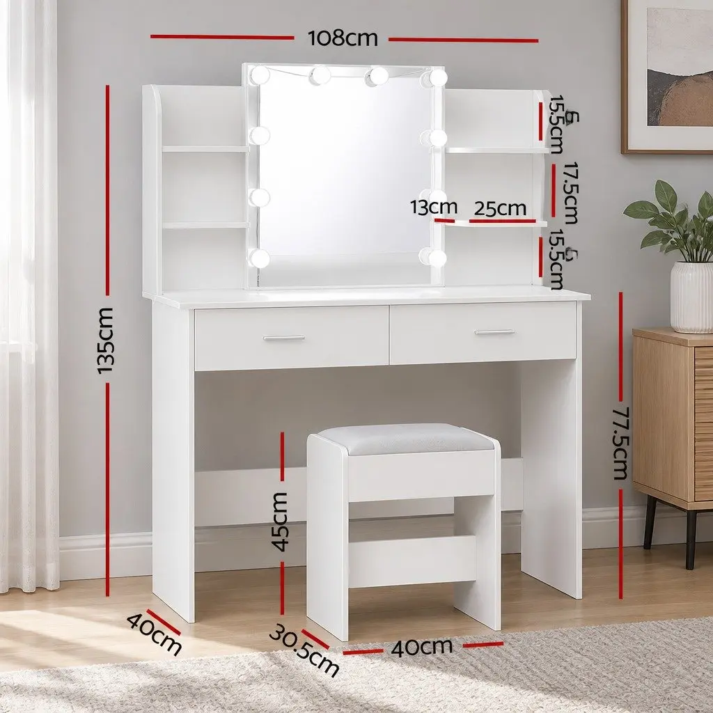 LED Makeup Mirror Dressing Table with Stool and Storage