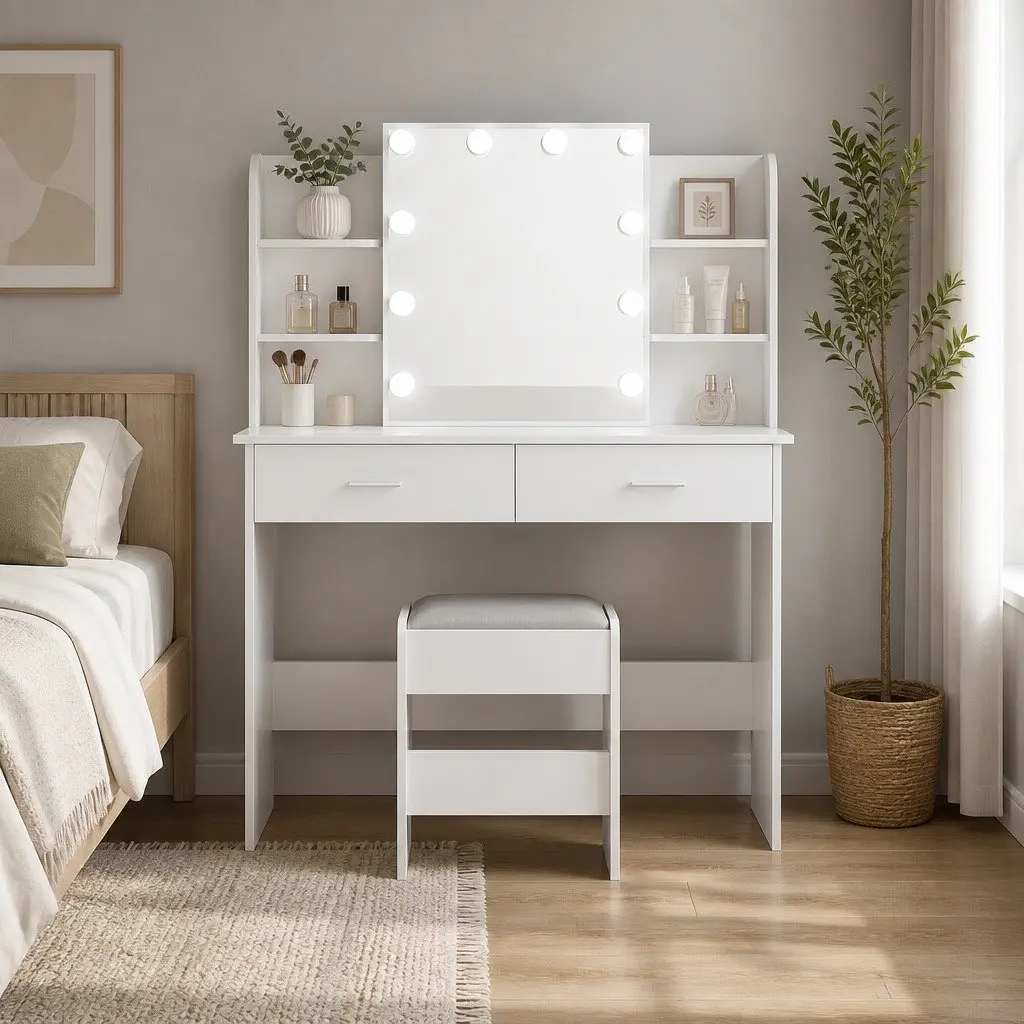 LED Makeup Mirror Dressing Table with Stool and Storage