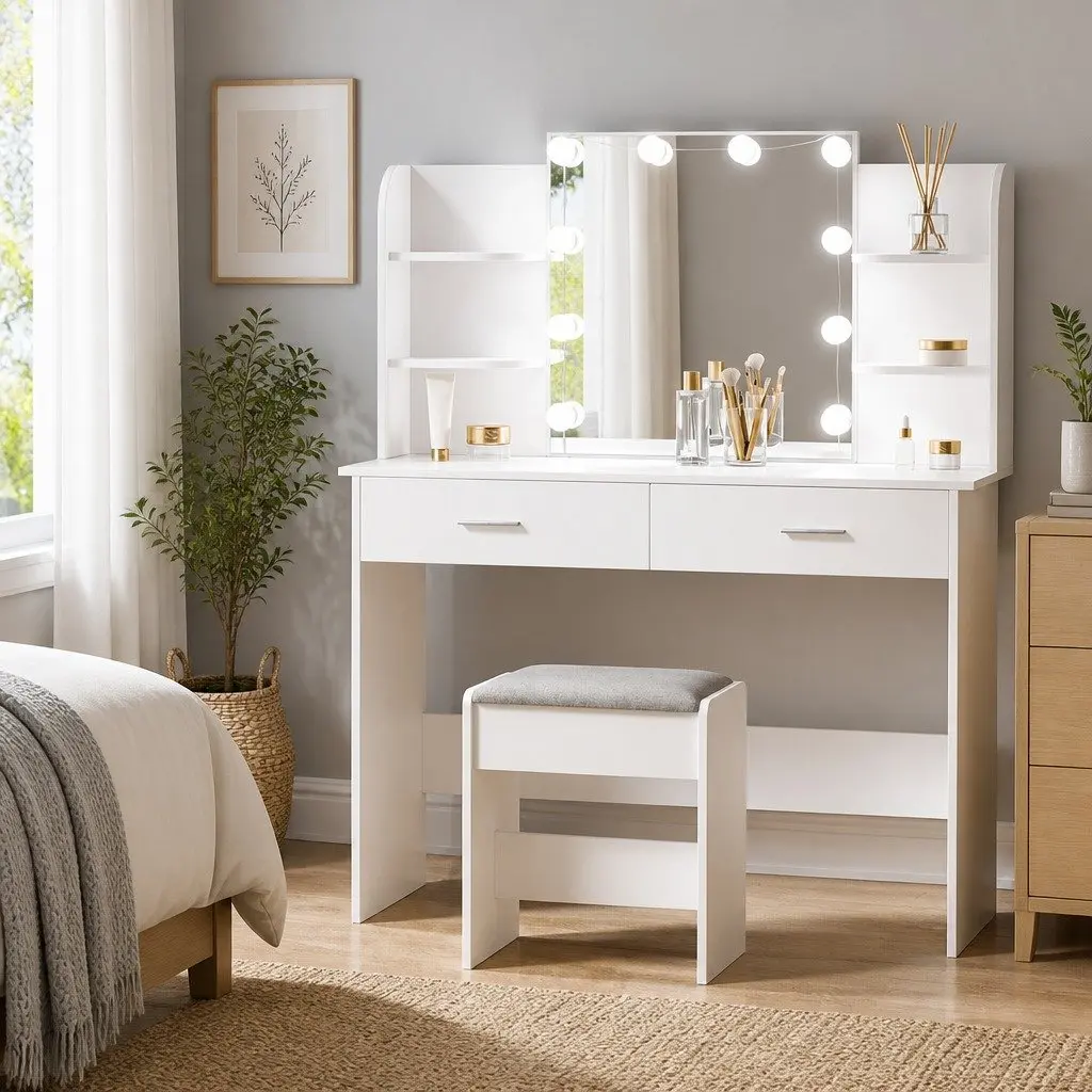 LED Makeup Mirror Dressing Table with Stool and Storage