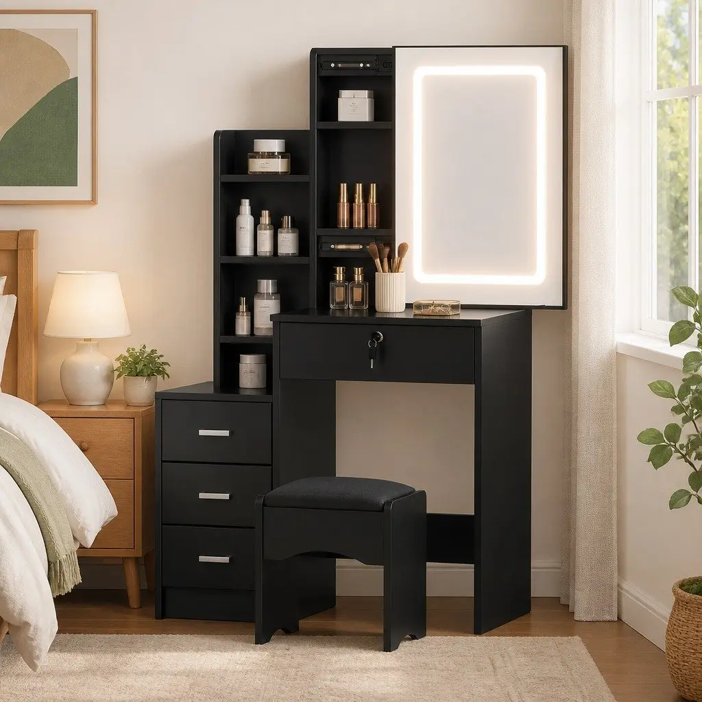 Black Dressing Table with Stool