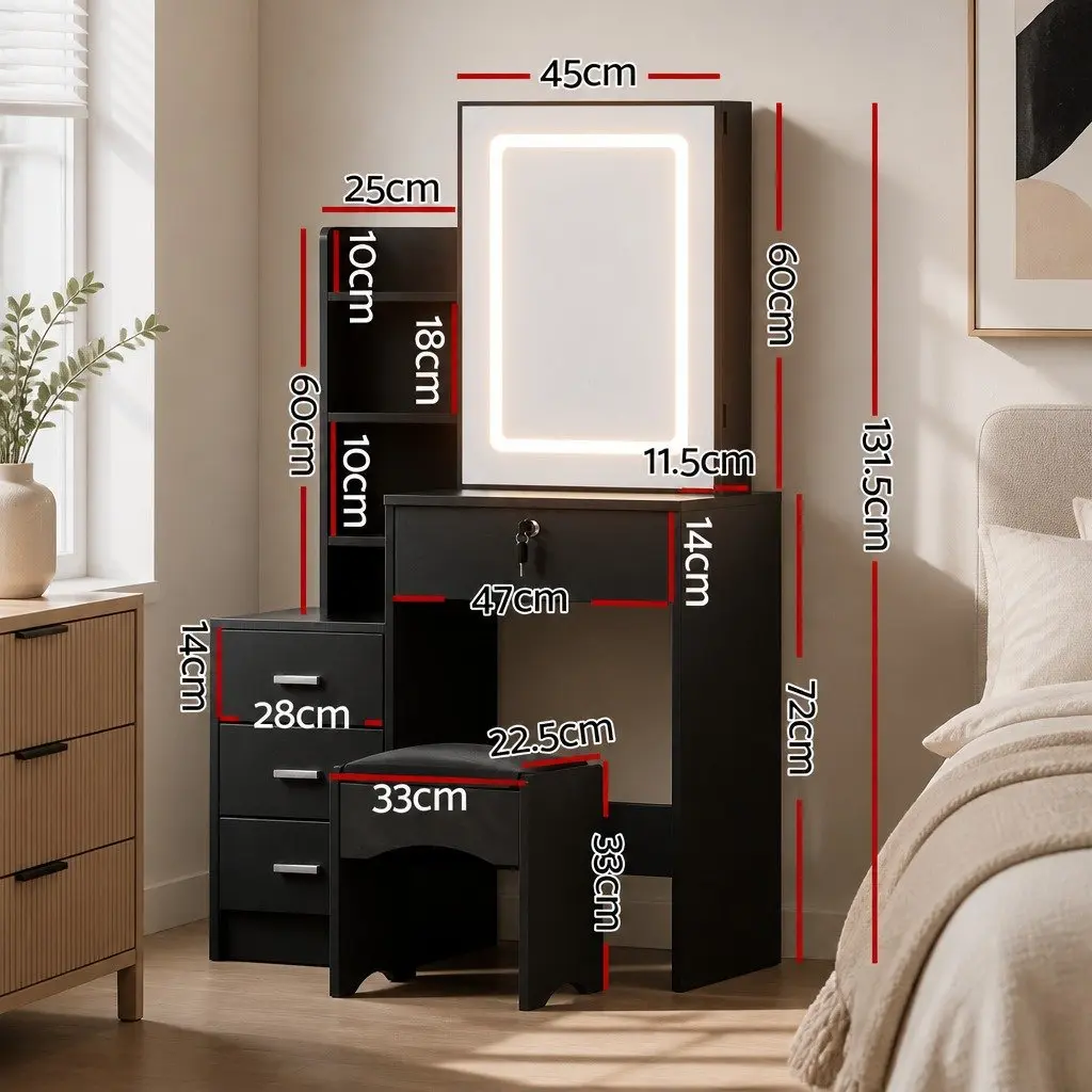 Dressing Table Vanity Desk for Bedroom with LED Lights and Stool Black 80cm x 36cm x 131cm