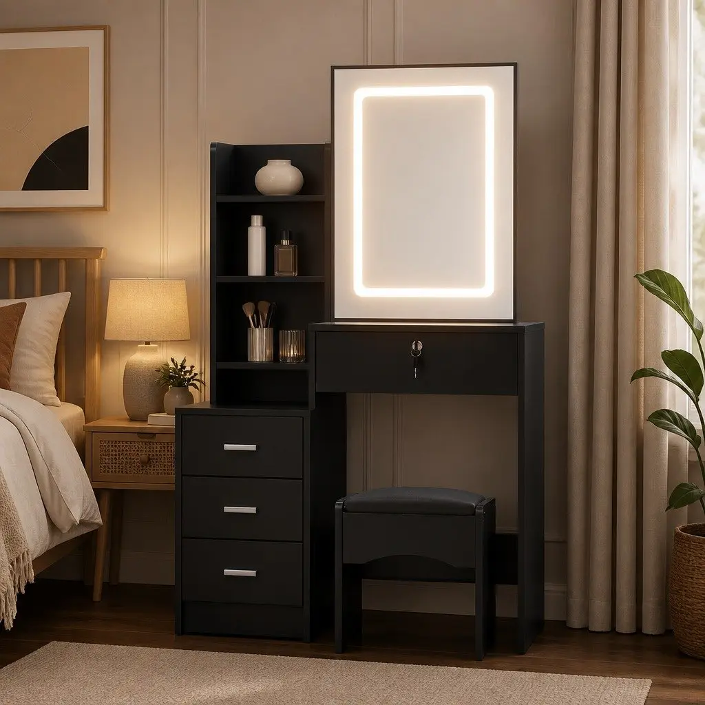 Dressing Table Vanity Desk for Bedroom with LED Lights and Stool Black 80cm x 36cm x 131cm