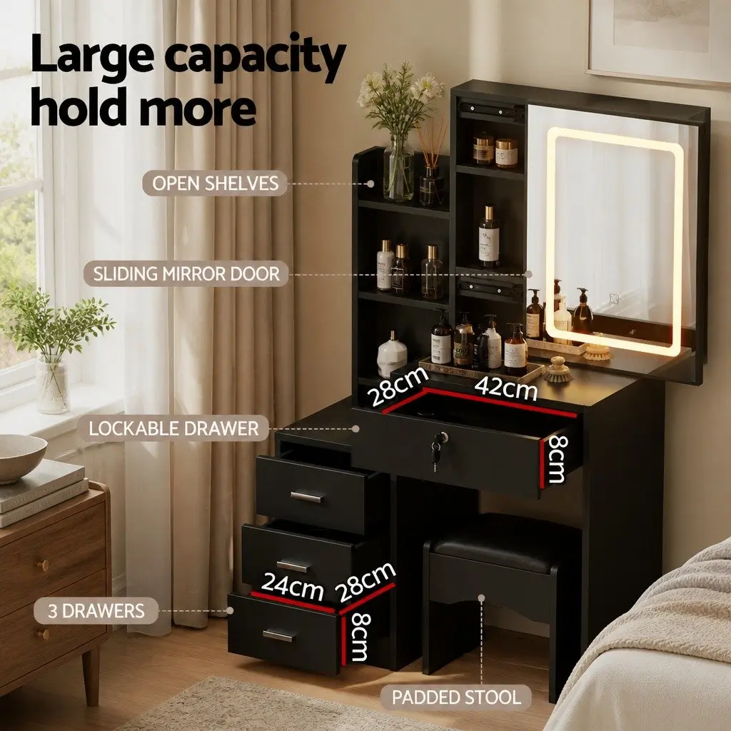 Dressing Table Vanity Desk for Bedroom with LED Lights and Stool Black 80cm x 36cm x 131cm