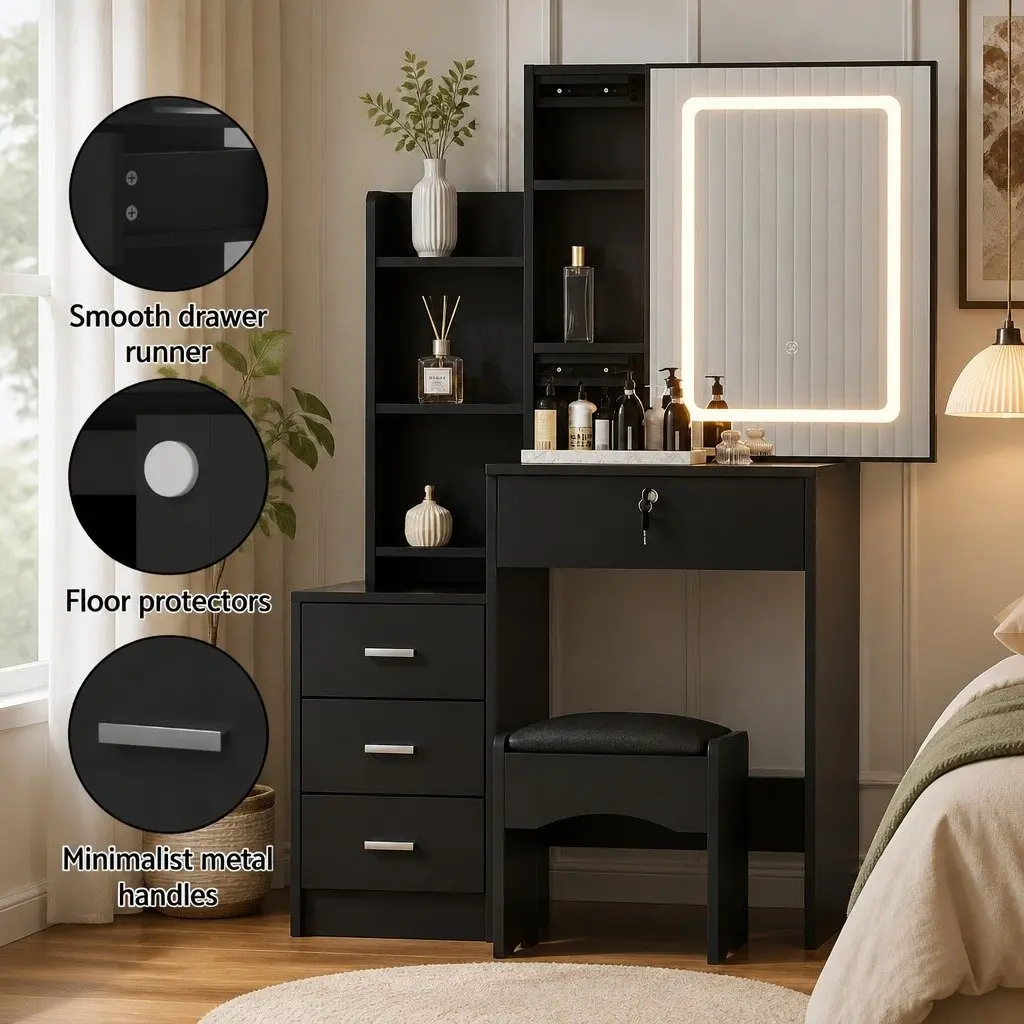Dressing Table Vanity Desk for Bedroom with LED Lights and Stool Black 80cm x 36cm x 131cm