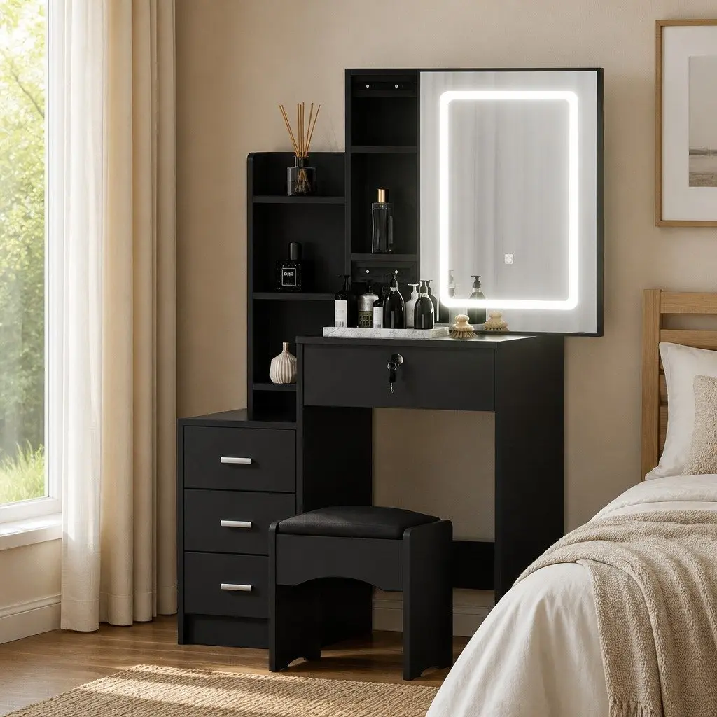 Dressing Table Vanity Desk for Bedroom with LED Lights and Stool Black 80cm x 36cm x 131cm