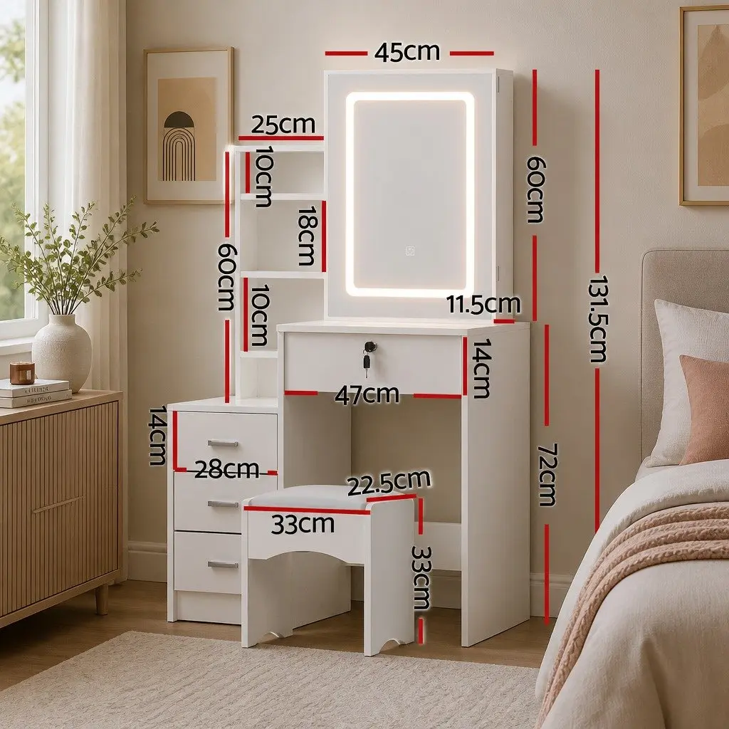 Dressing Table Vanity Desk Set for Bedroom with Stool LED Lights White 80cm W x 36cm D x 131cm H