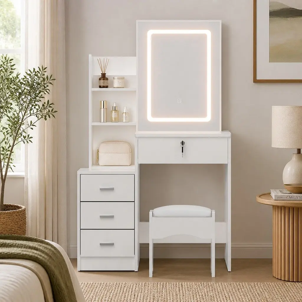Dressing Table Vanity Desk Set for Bedroom with Stool LED Lights White 80cm W x 36cm D x 131cm H