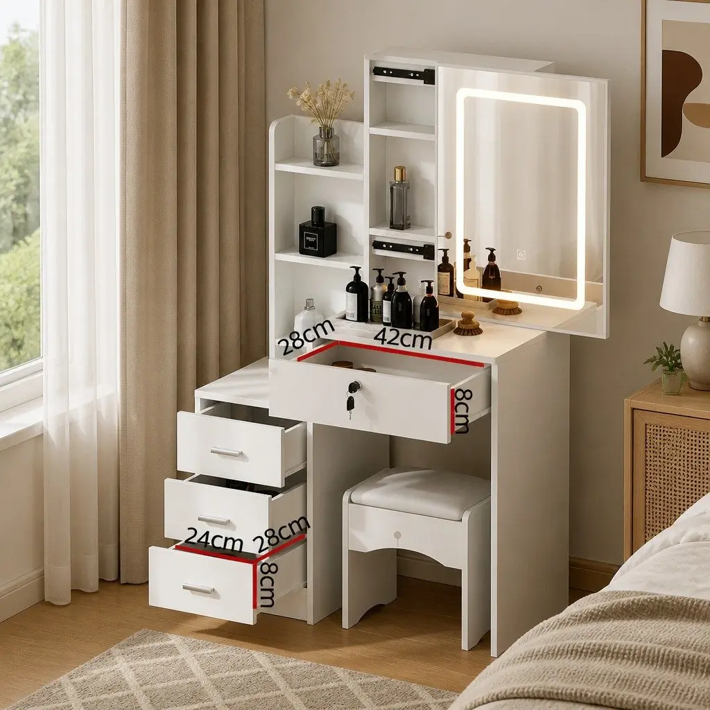 Dressing Table Vanity Desk Set for Bedroom with Stool LED Lights White 80cm W x 36cm D x 131cm H
