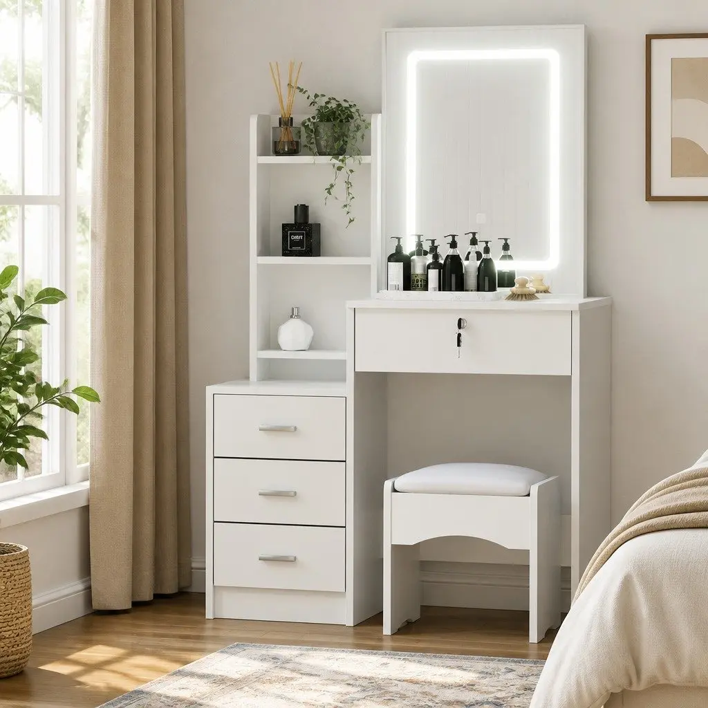 Dressing Table Vanity Desk Set for Bedroom with Stool LED Lights White 80cm W x 36cm D x 131cm H