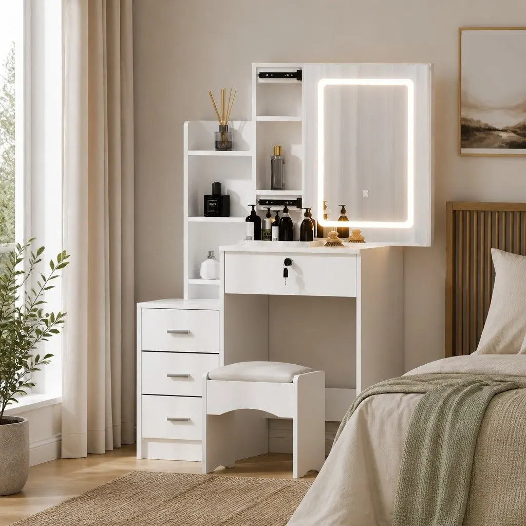 Dressing Table Vanity Desk Set for Bedroom with Stool LED Lights White 80cm W x 36cm D x 131cm H