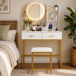 Dressing Table Vanity Desk with LED Mirror Charging Station Stool White Gold
