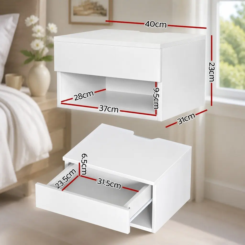 Floating Bedside Table Nightstand with Drawer Open Shelf Storage White Bedroom