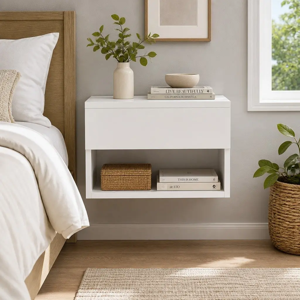 Floating Bedside Table Nightstand with Drawer Open Shelf Storage White Bedroom