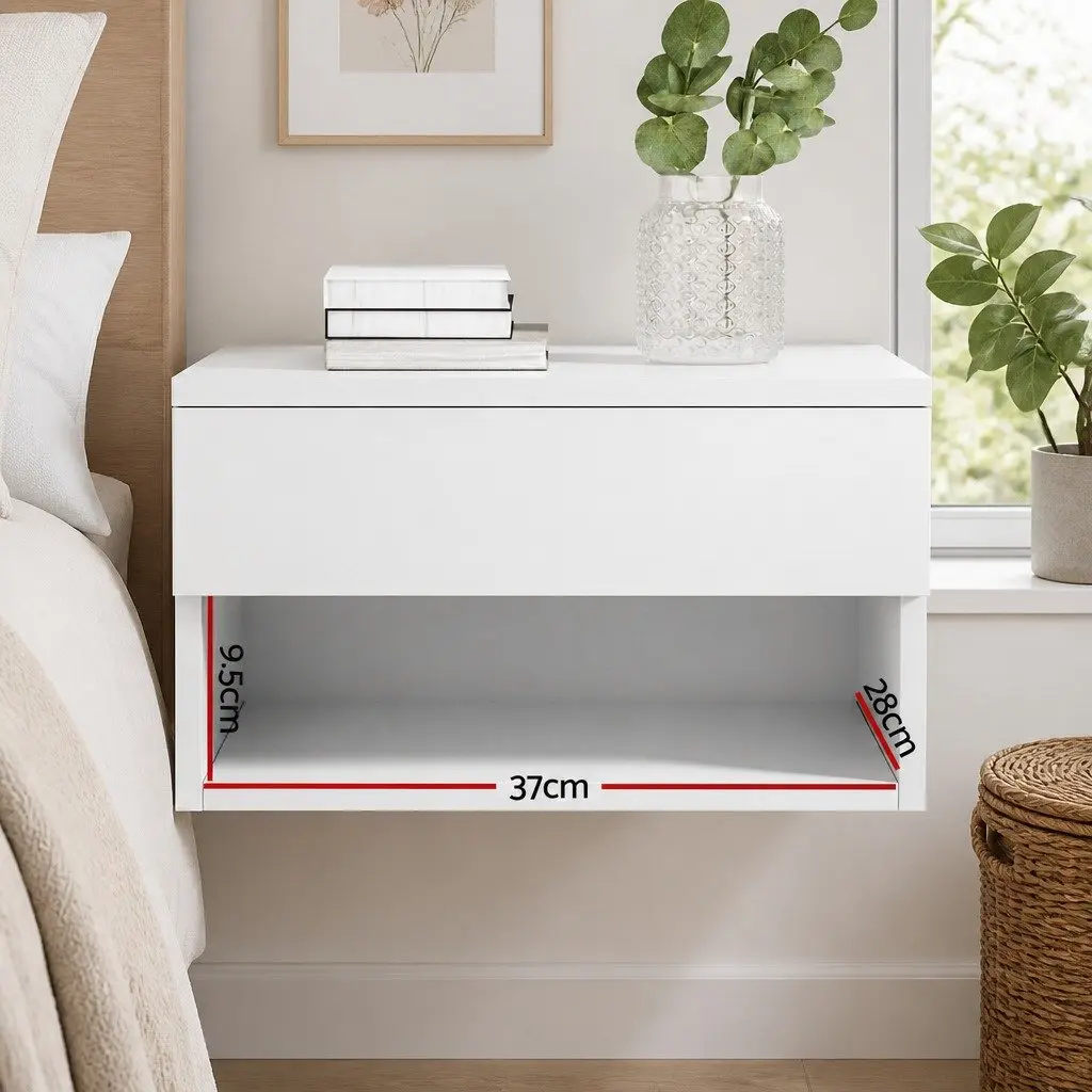 Floating Bedside Table Nightstand with Drawer Open Shelf Storage White Bedroom