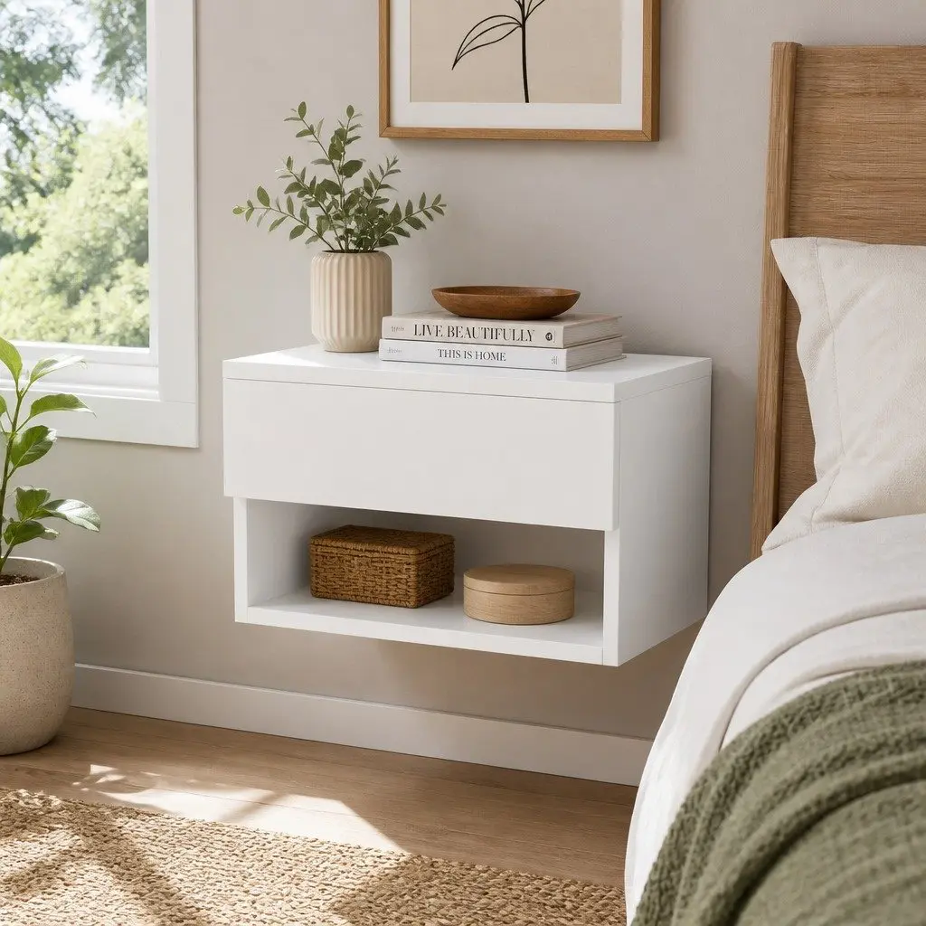 Floating Bedside Table Nightstand with Drawer Open Shelf Storage White Bedroom