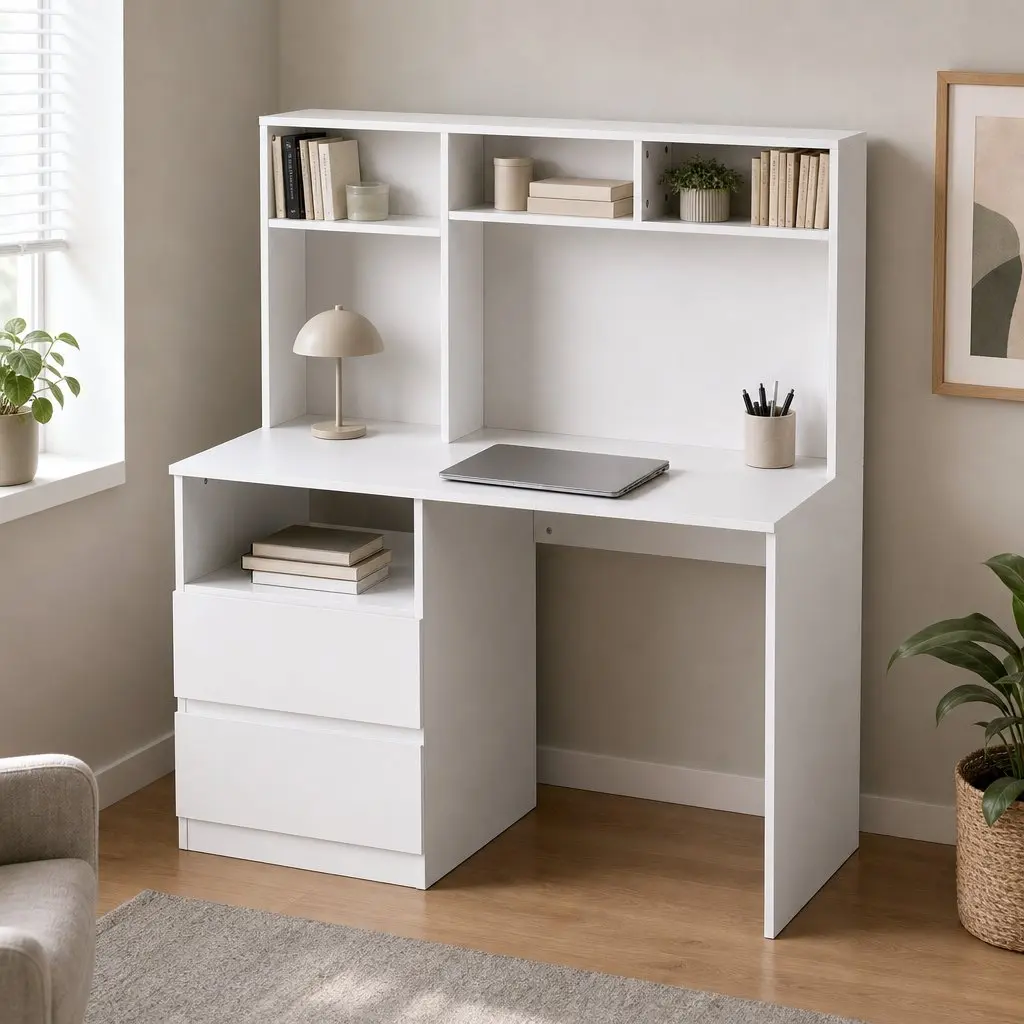120cm White Computer Desk with Shelves and Drawer