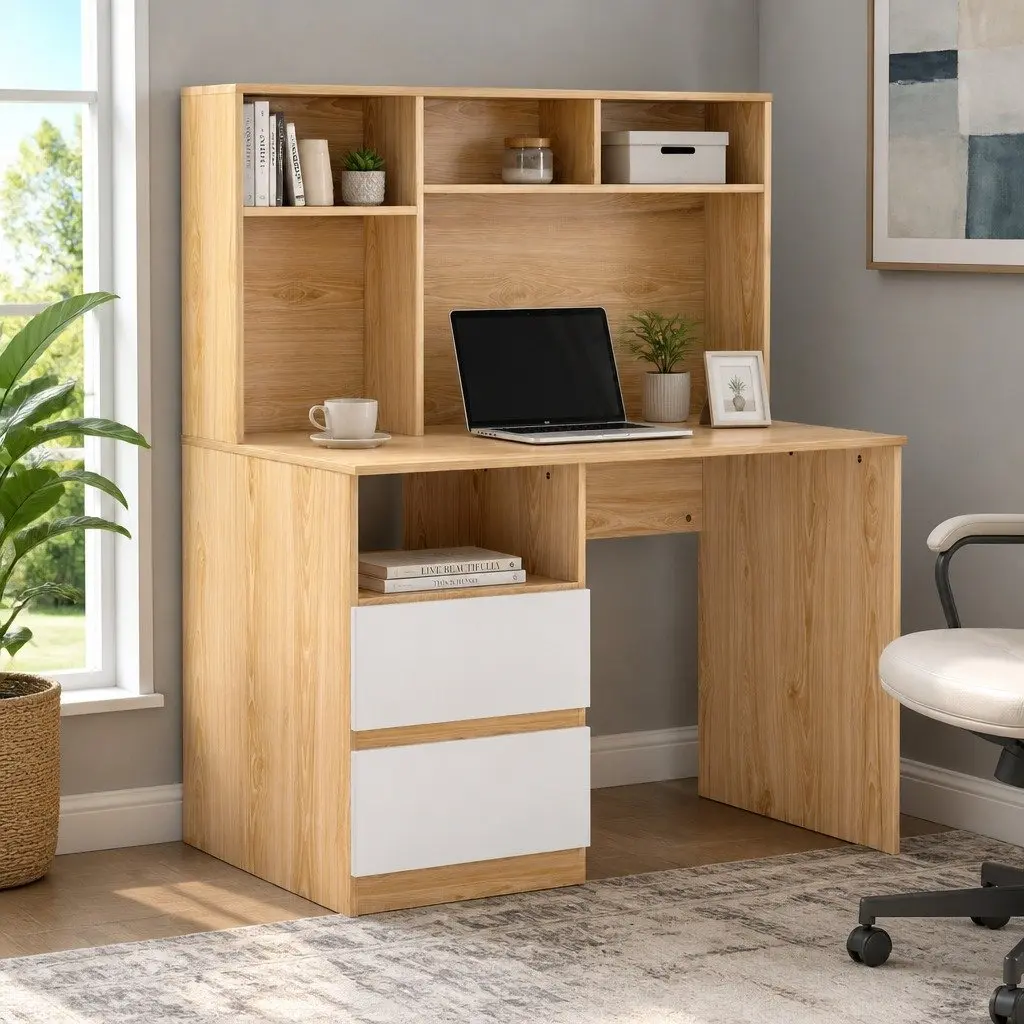 Computer Desk Office Study Table with Shelves Drawers Storage Cabinet White