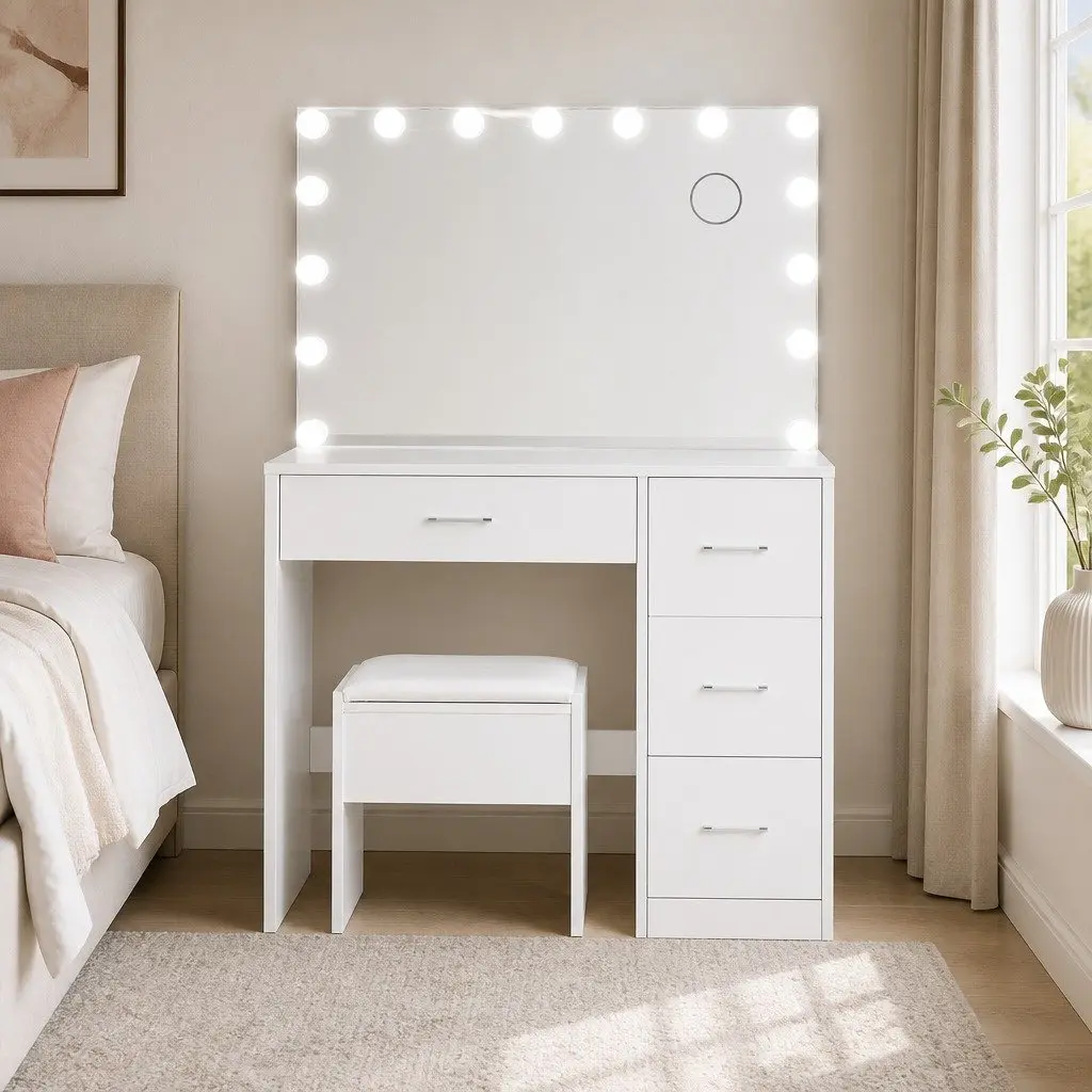 White Dressing Table with Stool LED Mirror Makeup Vanity Set Storage Drawers