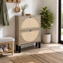 Shoe Rack Cabinet 2 Drawers Rattan Storage Organiser 6 Pairs Entryway Furniture