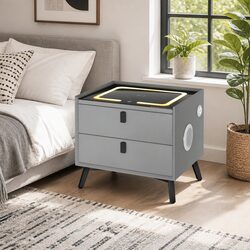 Grey Smart Bedside Table with Wireless Charging Features