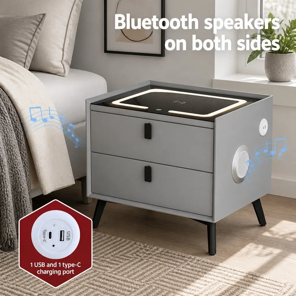 Smart Bedside Table with Wireless Charging Bluetooth Speaker USB Ports Grey
