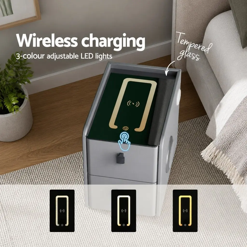 Smart Bedside Table 2 Drawers Wireless Charging LED Bluetooth Speaker Grey