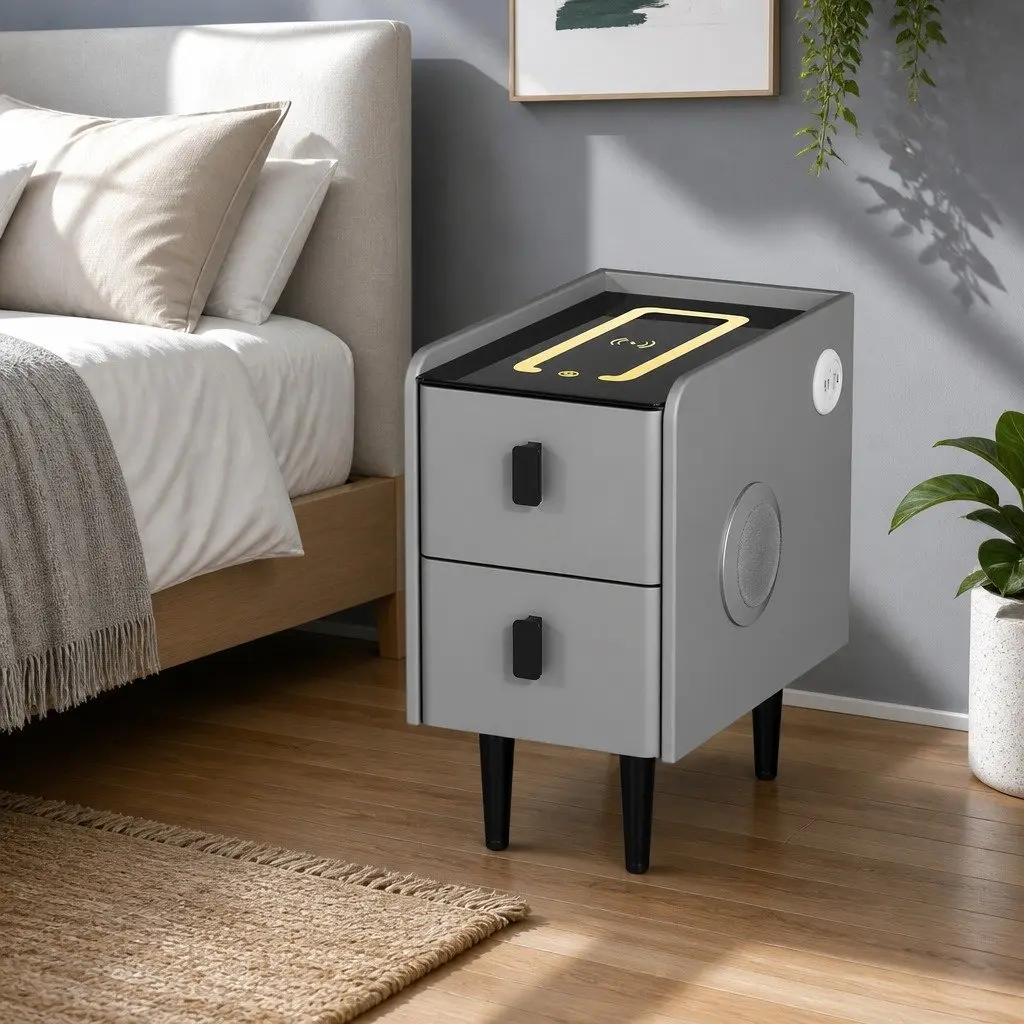 Smart Bedside Table 2 Drawers Wireless Charging LED Bluetooth Speaker Grey