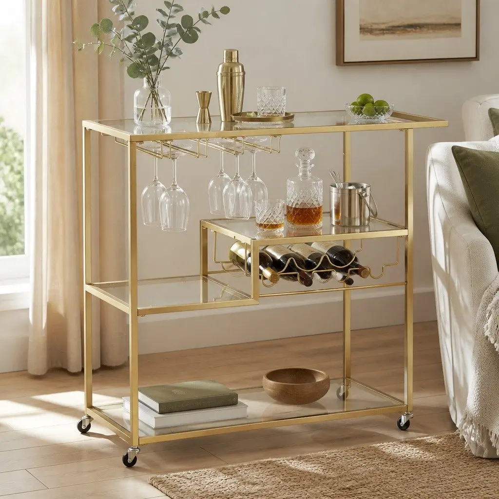 102cm Bar Cart with Gold Metal Frame and Glass Shelves
