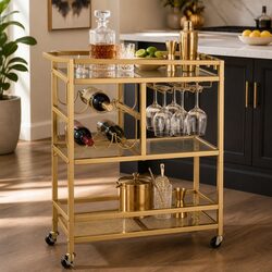 Bar Cart Drinks Trolley Serving Wine Rack Glass Holder 3 Hooks 72cm Gold