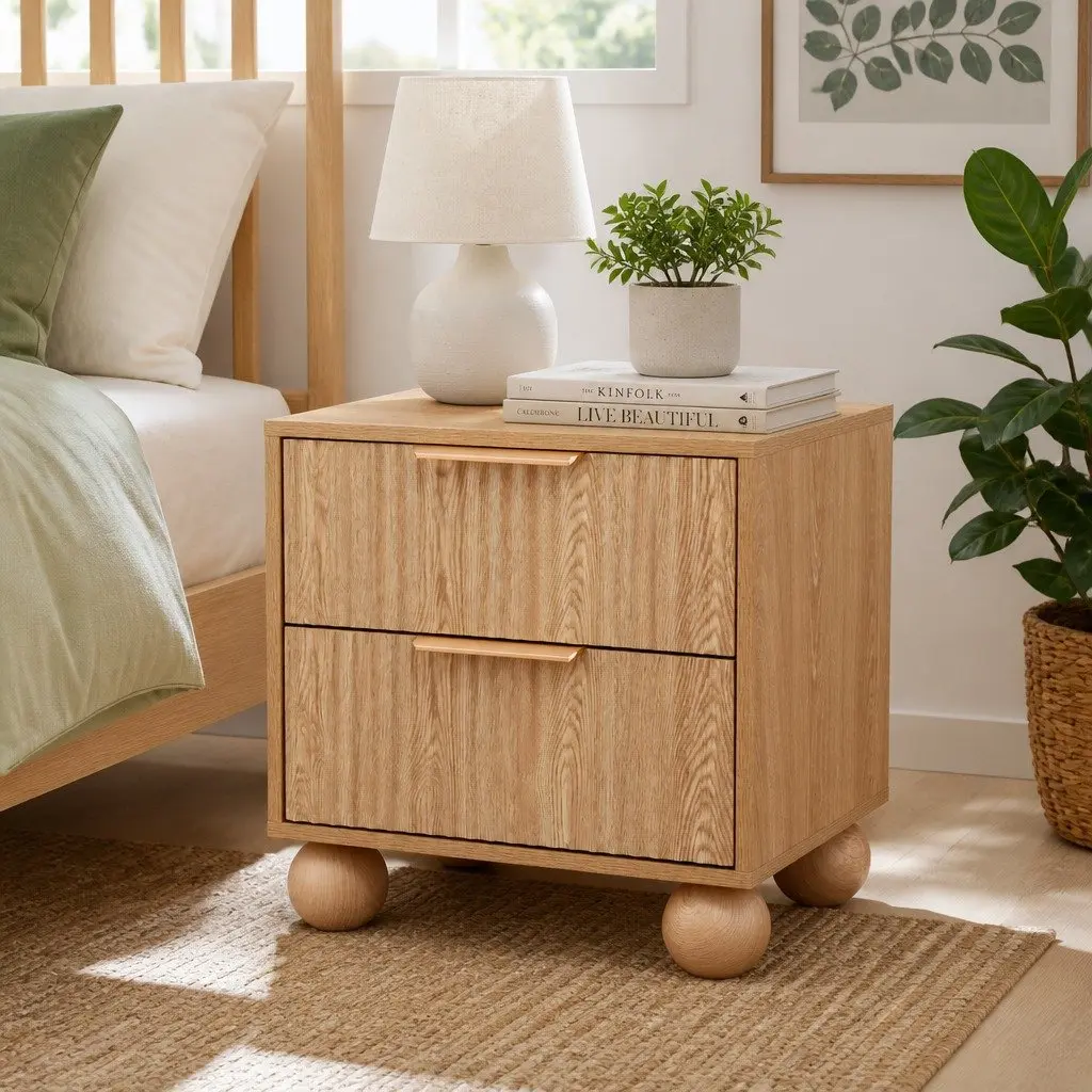 Bedside Table 2 Drawers Pine MDF Metal Handles Storage Nightstand Bedroom